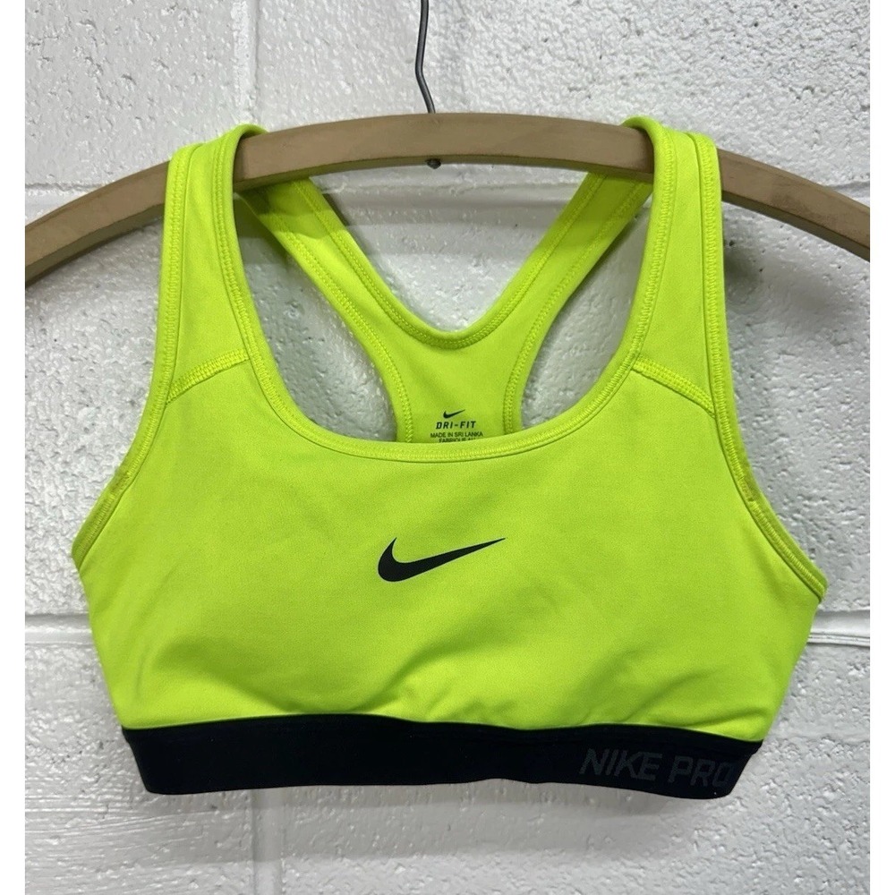 Nike Pro Classic Swoosh Dri-Fit Sports Bra Medium Support Neon Yellow Black Sz S